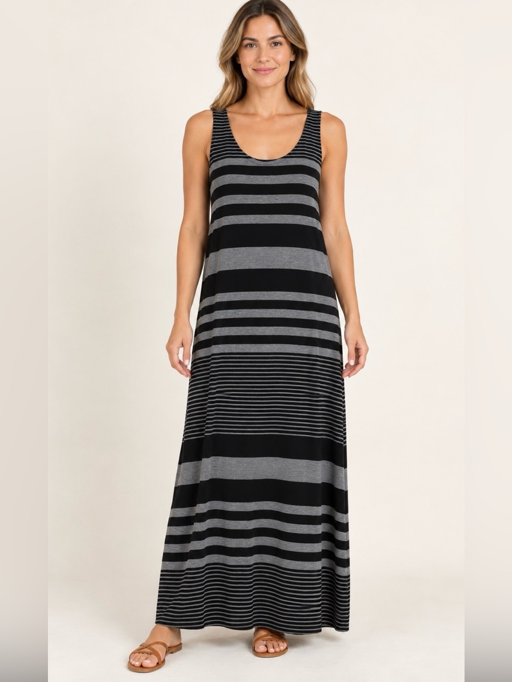 Just Love Black and Gray Striped Scoop Neck Maxi Dress